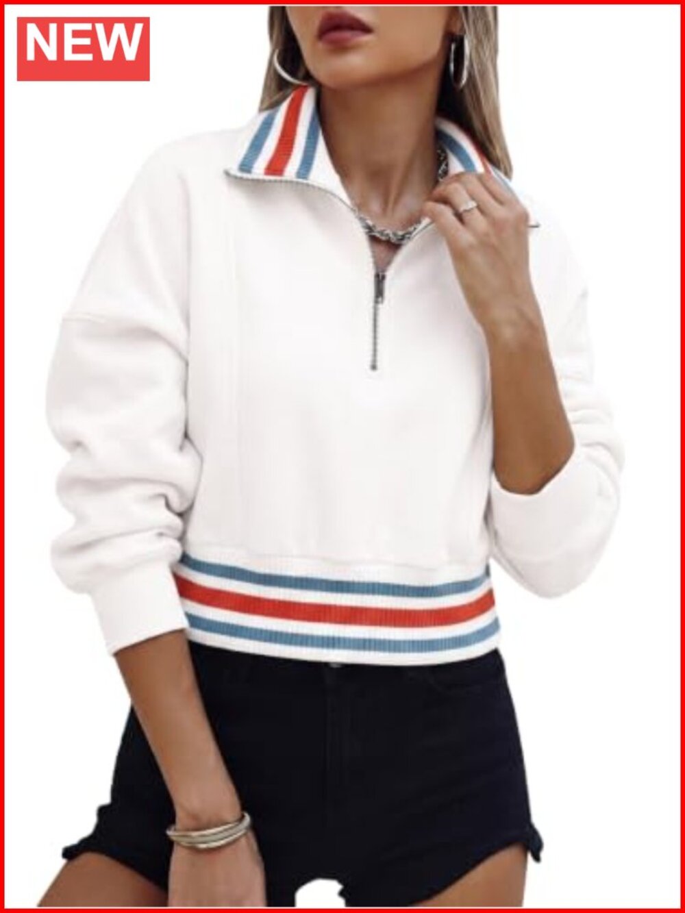 Half Zip Crop Pullover Sweatshirt Stripe Long Sleeve Relaxed Fit